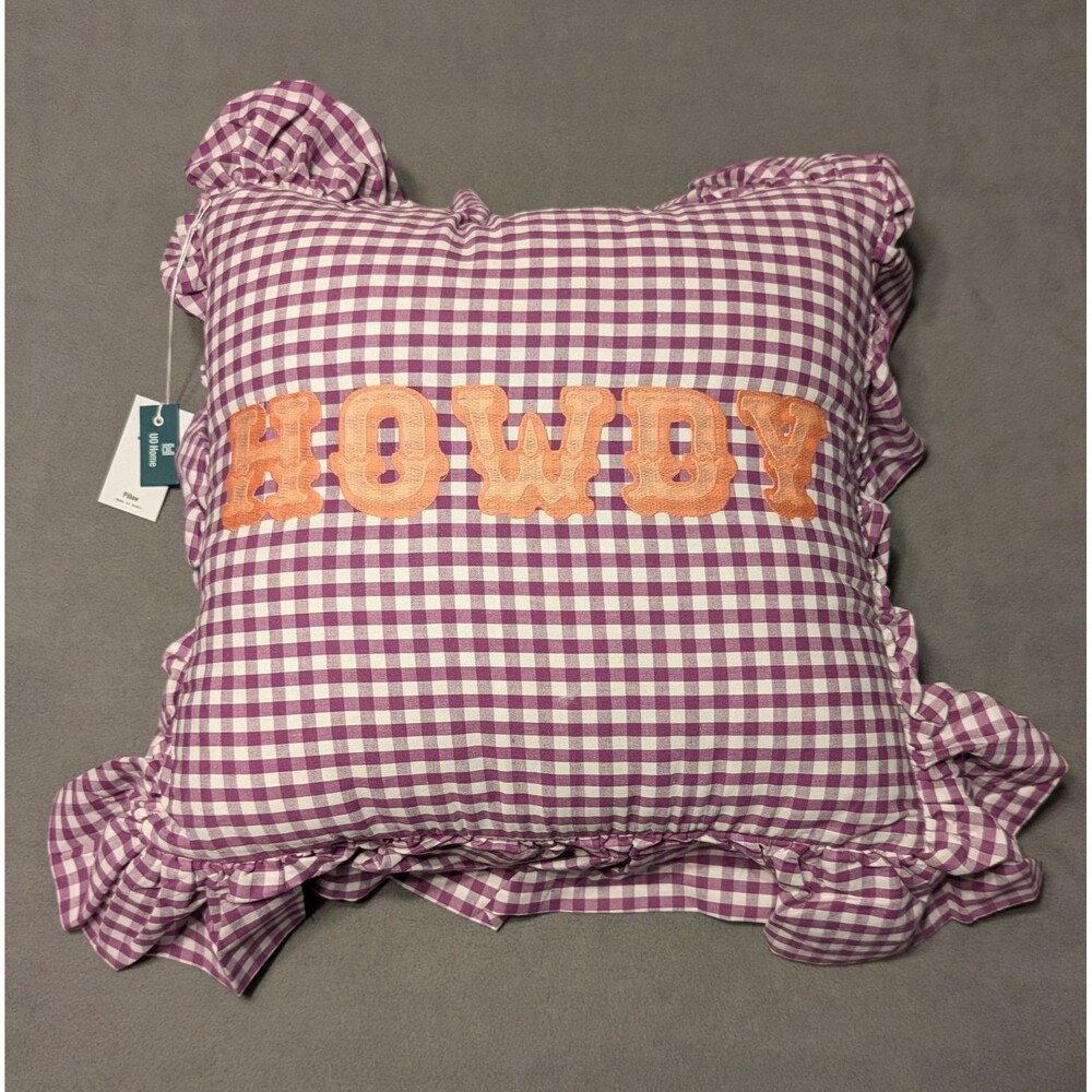 Urban Outfitters UO Home HOWDY Gingham Ruffle Throw Pillow Purple White